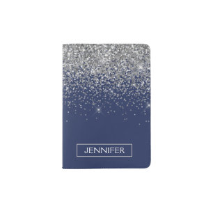 Silver Navy Blue Glitter Girly Monogram Name Passport Holder