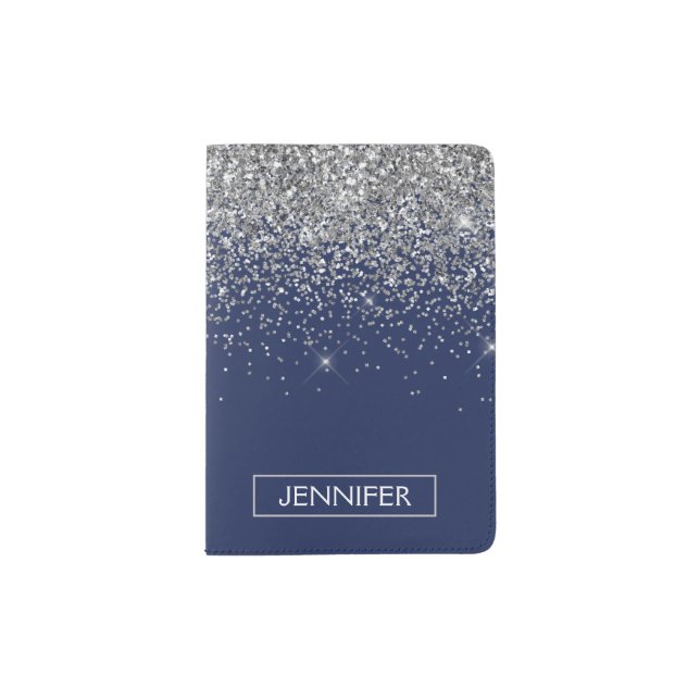 Silver Navy Blue Glitter Girly Monogram Name Passport Holder (Front)