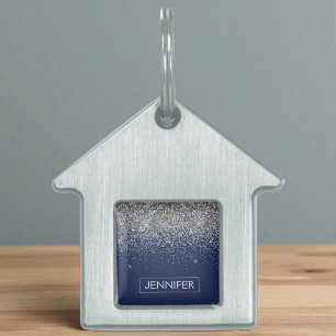 Silver Navy Blue Glitter Girly Monogram Name Pet ID Tag