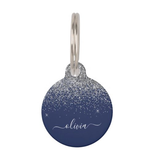 Silver Navy Blue Glitter Girly Monogram Name Pet ID Tag