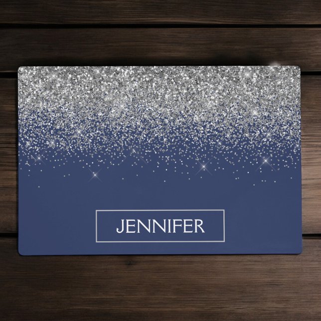 Silver Navy Blue Glitter Girly Monogram Name Placemat (Creator Uploaded)