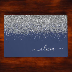 Silver Navy Blue Glitter Girly Monogram Name Placemat