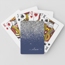 Silver Navy Blue Glitter Girly Monogram Name Playing Cards
