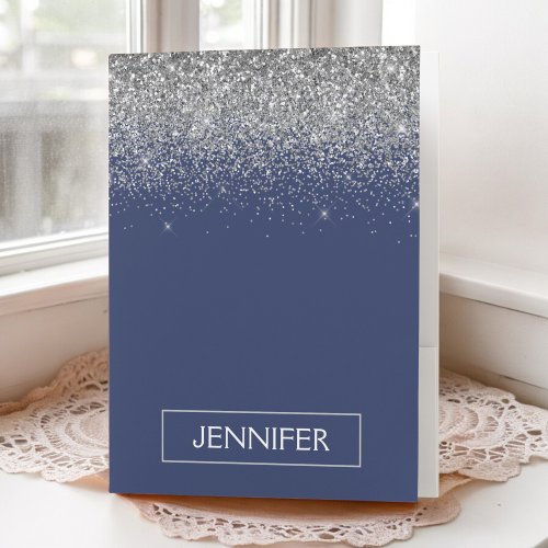 Silver Navy Blue Glitter Girly Monogram Name Pocket Folder