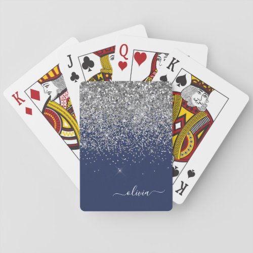 Silver Navy Blue Glitter Girly Monogram Name Poker Cards