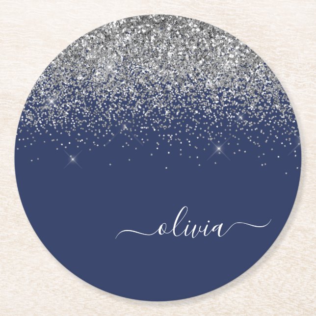 Silver Navy Blue Glitter Girly Monogram Name Round Paper Coaster (Front)