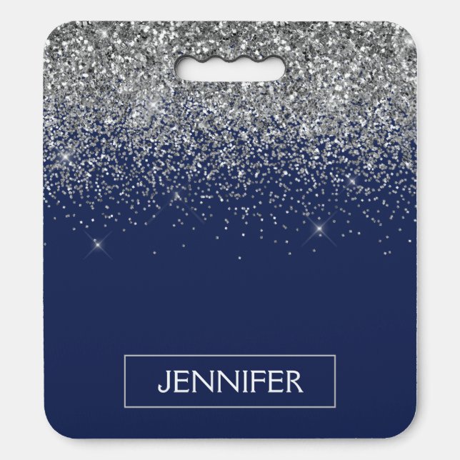 Silver Navy Blue Glitter Girly Monogram Name Seat Cushion (Front Vertical)