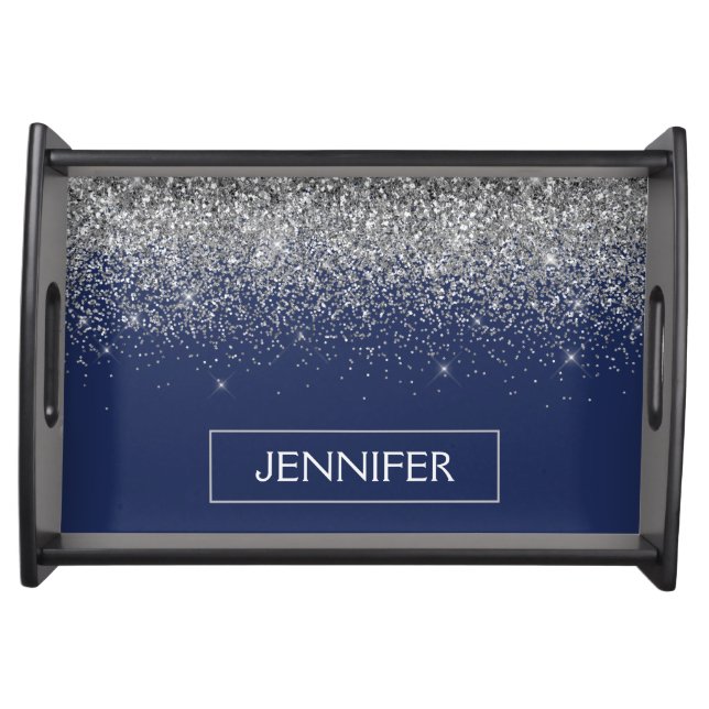 Silver Navy Blue Glitter Girly Monogram Name Serving Tray (Front)