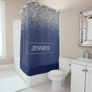 Silver Navy Blue Glitter Girly Monogram Name Shower Curtain