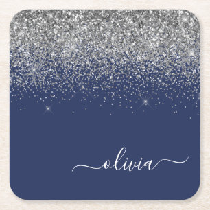 Silver Navy Blue Glitter Girly Monogram Name Square Paper Coaster