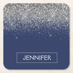 Silver Navy Blue Glitter Girly Monogram Name Square Paper Coaster