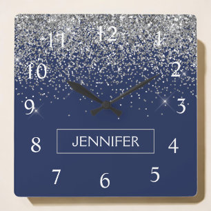 Silver Navy Blue Glitter Girly Monogram Name Square Wall Clock