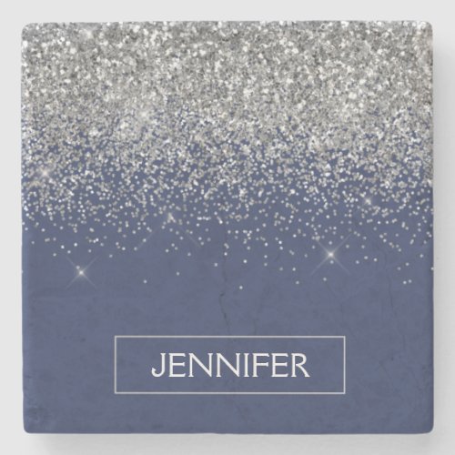 Silver Navy Blue Glitter Girly Monogram Name Stone Coaster