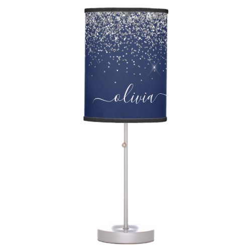 Silver Navy Blue Glitter Girly Monogram Name Table Lamp