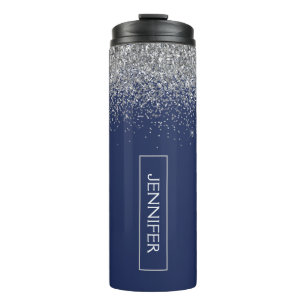 Silver Navy Blue Glitter Girly Monogram Name Thermal Tumbler