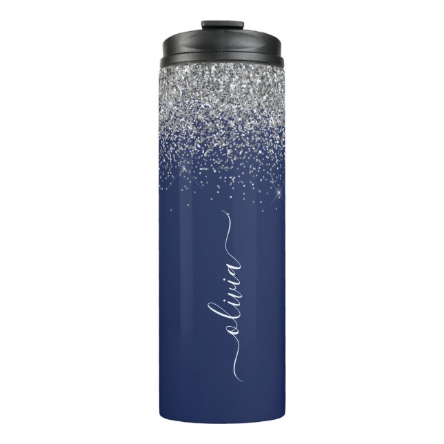 Silver Navy Blue Glitter Girly Monogram Name Thermal Tumbler (Front)