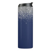 Silver Navy Blue Glitter Girly Monogram Name Thermal Tumbler (Rotated Left)