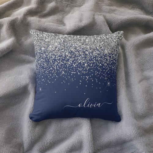 Silver Navy Blue Glitter Girly Monogram Name Throw Pillow