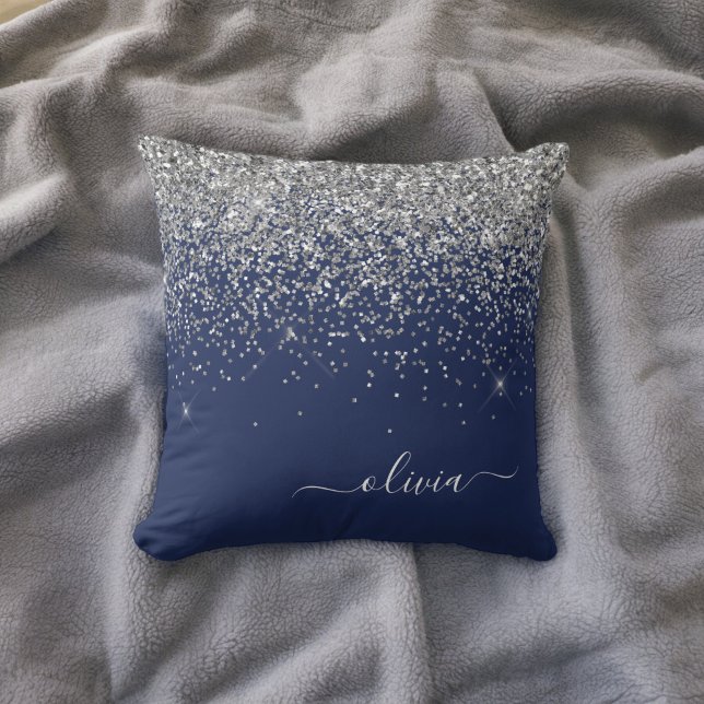 Silver Navy Blue Glitter Girly Monogram Name Throw Pillow (Creator Uploaded)