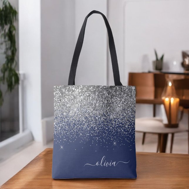 Silver Navy Blue Glitter Girly Monogram Name Tote Bag (Creator Uploaded)