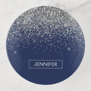Silver Navy Blue Glitter Girly Monogram Name Trinket Tray