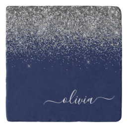 Silver Navy Blue Glitter Girly Monogram Name Trivet