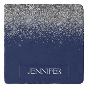 Silver Navy Blue Glitter Girly Monogram Name Trivet