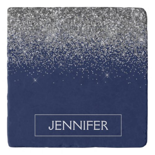 Silver Navy Blue Glitter Girly Monogram Name Trivet