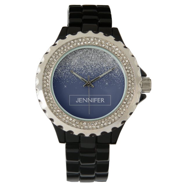 Silver Navy Blue Glitter Girly Monogram Name Watch (Front)