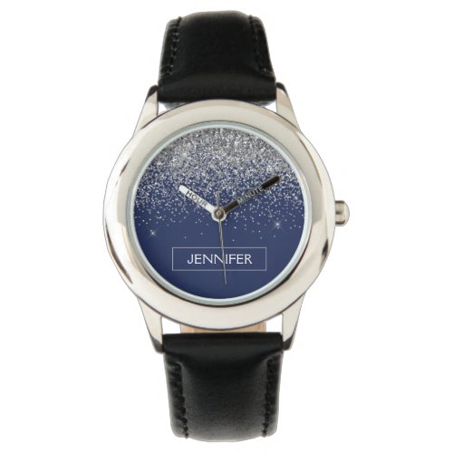 Silver Navy Blue Glitter Girly Monogram Name Watch