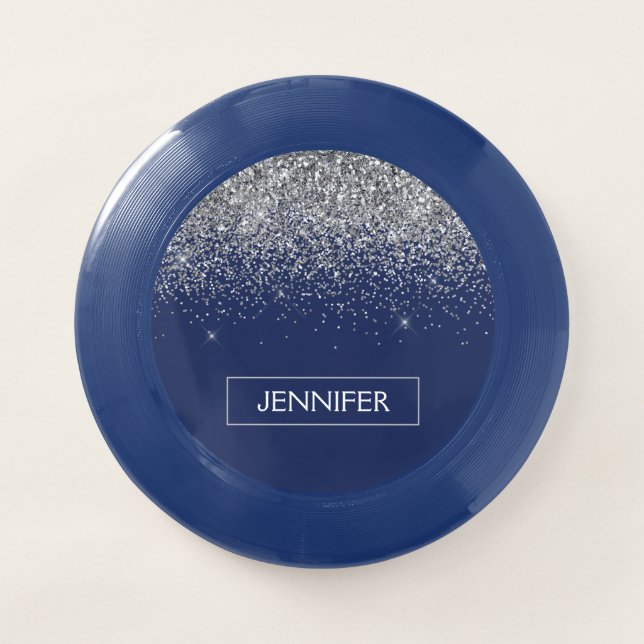 Silver Navy Blue Glitter Girly Monogram Name Wham-O Frisbee (Front)
