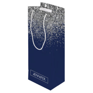 Silver Navy Blue Glitter Girly Monogram Name Wine Gift Bag