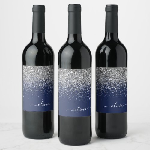 Silver Navy Blue Glitter Girly Monogram Name Wine Label