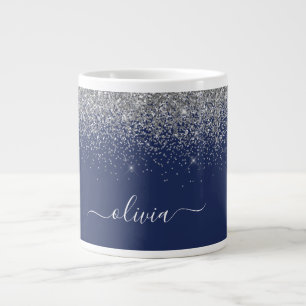 Silver Navy Blue Glitter Metal Monogram Name Giant Coffee Mug