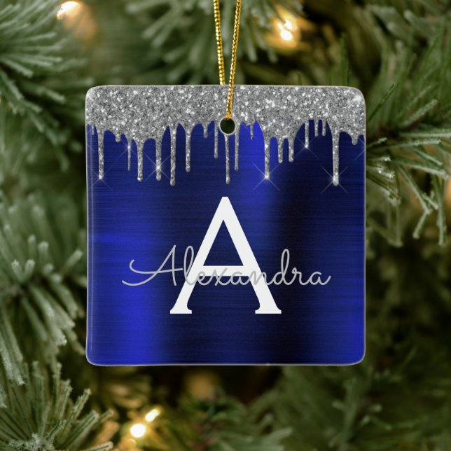 Silver Navy Blue Glitter Monogram Name Ceramic Ornament (Tree)