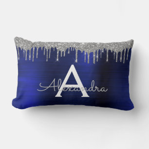 Silver Navy Blue Glitter Monogram Name Lumbar Pillow