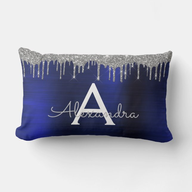 Silver Navy Blue Glitter Monogram Name Lumbar Pillow (Front)