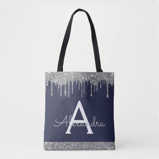 Silver Navy Blue Glitter Spakle Elegant Monogram Tote Bag