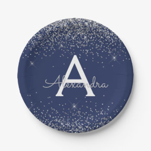 Silver Navy Blue Glitter Sparkle Monogram Birthday Paper Plates