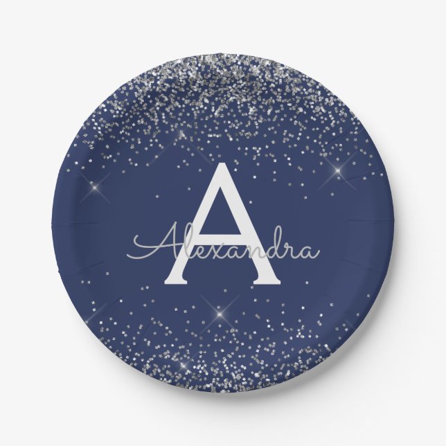Silver Navy Blue Glitter Sparkle Monogram Birthday Paper Plates (Front)