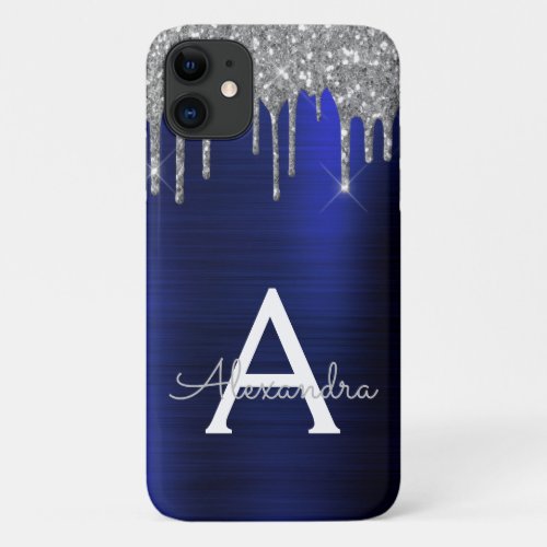 Silver Navy Blue Glitter Sparkle Monogram Name iPhone 11 Case