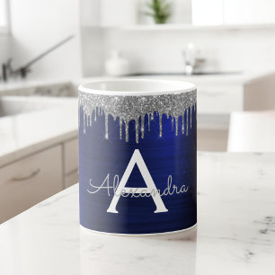 Silver Navy Blue Glitter Sparkle Monogram Name Coffee Mug