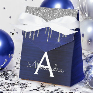 Silver Navy Blue Glitter Sparkle Monogram Name Favor Boxes
