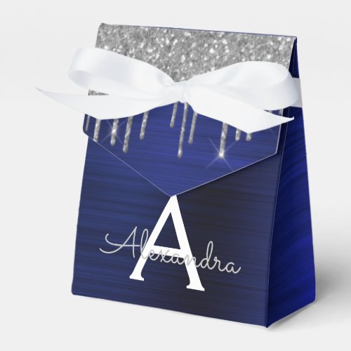 Silver Navy Blue Glitter Sparkle Monogram Name Favor Boxes