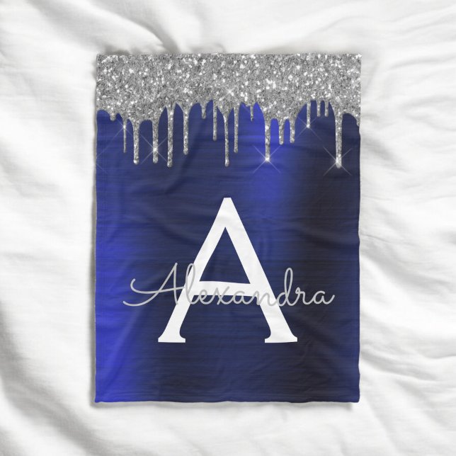 Silver Navy Blue Glitter Sparkle Monogram Name Fleece Blanket (Creator Uploaded)