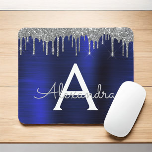 Silver Navy Blue Glitter Sparkle Monogram Name Mouse Pad