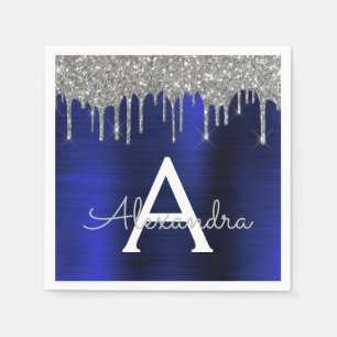 Silver Navy Blue Glitter Sparkle Monogram Name Napkins