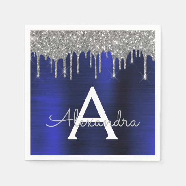Silver Navy Blue Glitter Sparkle Monogram Name Napkins (Front)