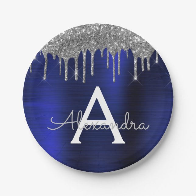 Silver Navy Blue Glitter Sparkle Monogram Name Paper Plates (Front)