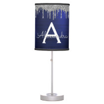 Silver Navy Blue Glitter Sparkle Monogram Name Table Lamp